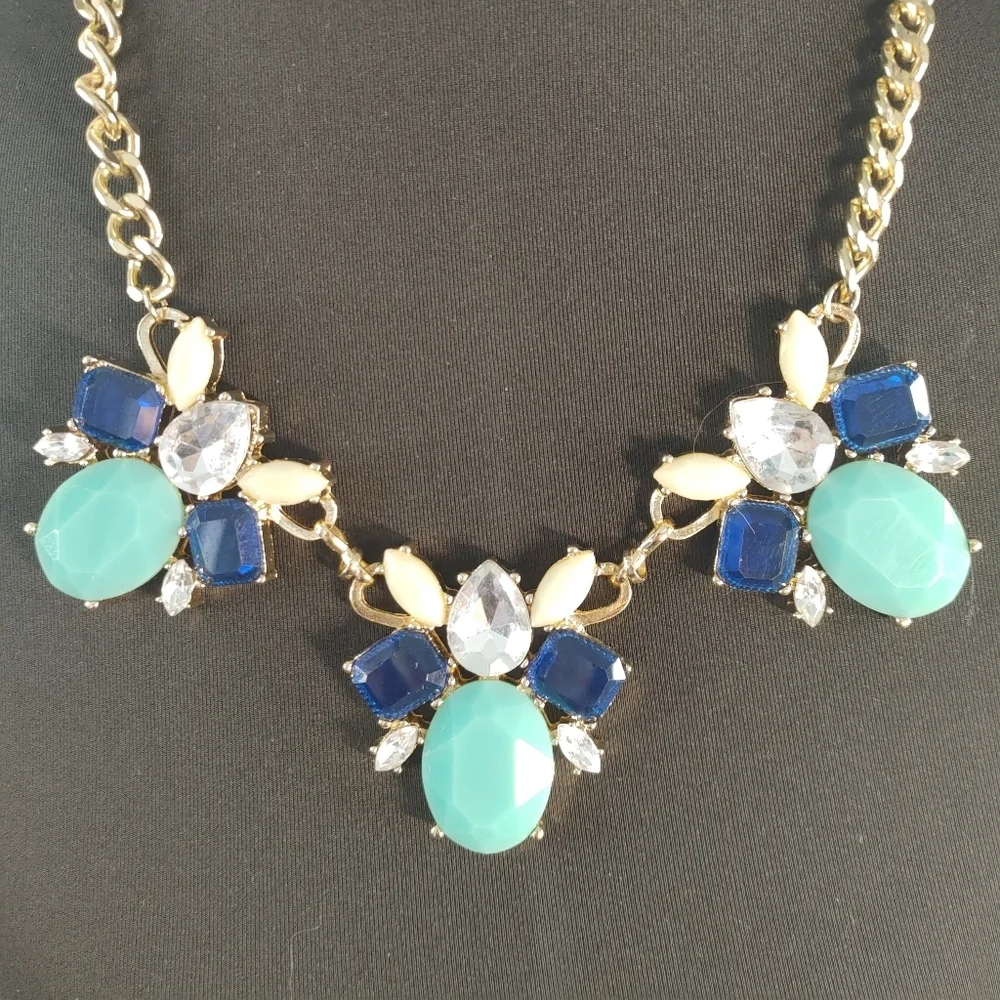Gold Tone Statement Necklace Blue Turquoise Bib Chunky Chain